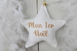 Étoile de Noël Personnalisée en Lin Blanc – Prénom Pailleté