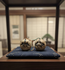 Clochettes japonaises Tobe-yaki - Visages de Tanuki / Fin ère Meiji