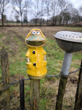Zaunfigur Frosch "Hajo" im gelben Regenmantel