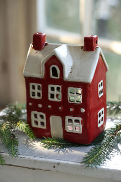 *Neu* Windlicht-Haus "Rot mit Creme" mit Henkel (Modell 181-Rot)