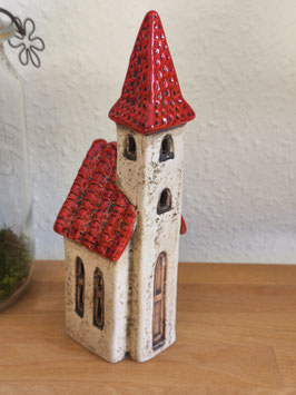 Windlicht-Haus "Kirche" in Braun/Rot