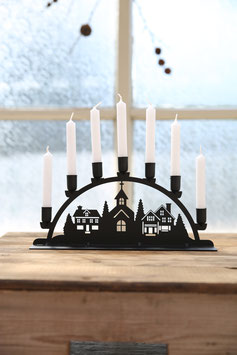 Kerzenhalter Lichterbogen mit Häuserreihe in Schwarz für Baumkerzen