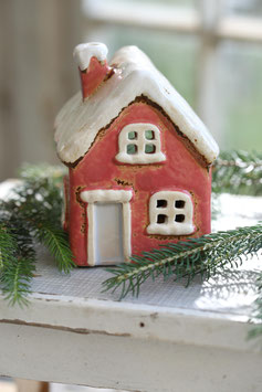 *Neu* Windlicht-Haus "Rosa/Creme mit Schnee - Klein" (Modell 165-Rosa)