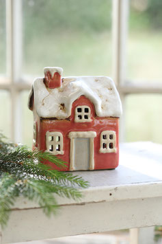 *Neu* Windlicht-Haus "Rosa/Creme mit Schnee - Klein" (Modell 164-Rosa)