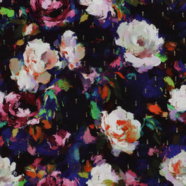 Popeline de viscose lurex - Fleurs multicolores - fond noir