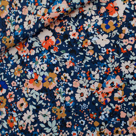 Flower Joy - Ecovero Viscose Rayon Satin - Bleu Océana