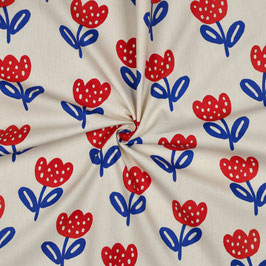 Popeline de coton bio GOTS - Grandes fleurs - Bleu/rouge