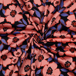 Satin de coton - Fleurs - Corail fond noir