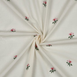 Voile de coton froissé - broderie fleurs roses - blanc cassé