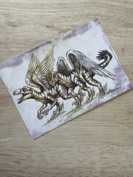 carte postale vélociraptor "le grimoire des dinosaures oubliés"