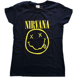 T-shirt Vrouwen - Nirvana - Yellow Smiley - Blue - 100% Cotton