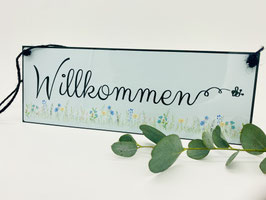 Blech Schild wetterbeständig Willkommen lindgrün