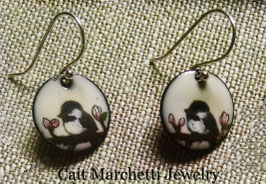 Small Round Earrings in Chickadee In A Cherry Blossom Tree