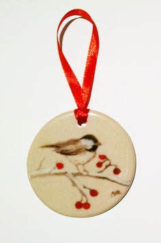 Chickadee with Winter Berries Ceramic Ornament