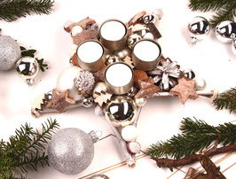 Adventsdeko Sterne in weiß-silber mit vier Teelichtern