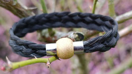 Bracelet en véritables crins de cheval noirs, tresses plate à 5 brins, fermoir magnétique "boule" pailletée dorée en acier inoxydable