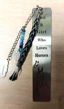 Grand Marque page en acier inoxydable, + tresse en crins de cheval fil de soie bleu, perles bleu et breloque plume + arbre de vie