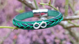 Bracelet en véritables crins de cheval noir + fil de soie vert brillant, perle sigle infiniet cuir 10mm vert, fermoir clip acier inoxydable