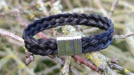 Bracelet en véritables crins de cheval noir, tressé à plat 5 brins, fermoir clip en acier inoxydable