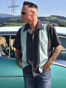 Bowling Shirt 3 Star Panel Charcoal (50er Jahre Stil)