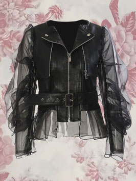 Kunstleder Jacke mit Tüllärmel - Schwarz