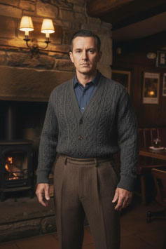 Herren-Strickjacke aus Merinowolle mit V-Ausschnitt, Modell Ardmore in Grau