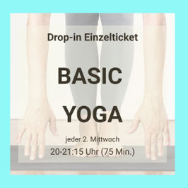 DROP-IN EINZELTICKET: ONLINE-Basic Vinyasa (Anfängerfreundlich), am 2. Mittwoch im Monat, 20-21:15 Uhr (75 Min.).
