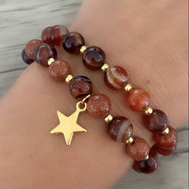 Armband-Set, Achat, Stern, gold, orange, braun, Unikat
