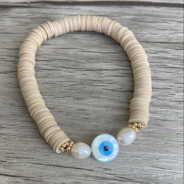 Katsuki Armband "Perlmutt, Süßwasserperlen, Evil Eye, sandfarben"