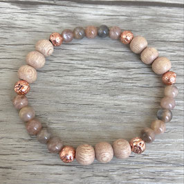 Armband, beige-grau, Rosenholzperlen, Sonnenstein