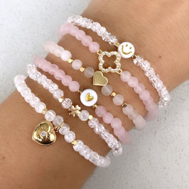 1 Armband, Bergkristall, Rosenquarz, Herz, Smiley