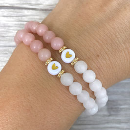 Armband, rosa Opal, weißer Jade, Herz