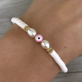 Katsuki Armband "Süßwasserperlen, Evil Eye, hellrosa"