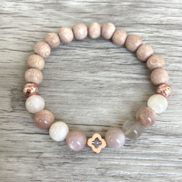 Armband, Rosenholzperlen, Sonnenstein, Klee