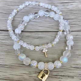 Armband-Set, "Schloss und Schlüssel, bunt schimmernd, Bergkristall"