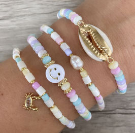 Armband, Kauri, Smiley, Muschelperlen, Creme, Rainbow