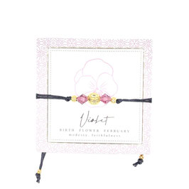Geburtsblumenarmband Februar, goldener Button mit Glücksstein auf einem Seidenband