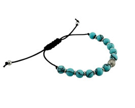Armband mit matten Türkisperlen, kleinen Hämatit Rondellen und einer gelaserten Edelstahlperle
