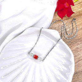 Halskette Edelstahl mit Glaswürfel Schmuckteil hellrot und kristallklar