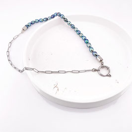 Halskette Paperclip Edelstahl mit blaugrauen Süßwasserperlen