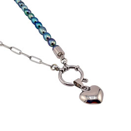 Halskette Paperclip Edelstahl mit blaugrauen Süßwasserperlen und Herz Anhänger