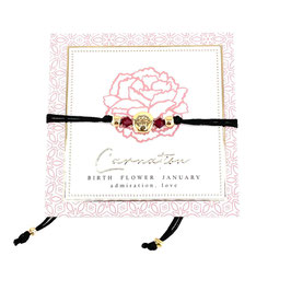 Geburtsblumen Armband Januar, goldener Button mit Gravur einer Nelke und Glückskristallen
