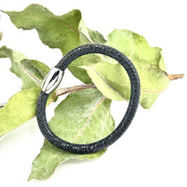 Armband Leder Echsenprägung schwarz Edelstahl Magnet Verschluss poliert