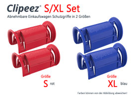 Clipeez® Einkaufswagengriffe - S/XL Set - 1x Set S (rot) + 1x Set XL (blau)