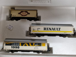 Coffret avec 3 wagons couverts conteneur ''RENAULT'' SNCF. HO 1/87  3 rails  occasion  Réf RENAULT  MARKLIN  DV14-109