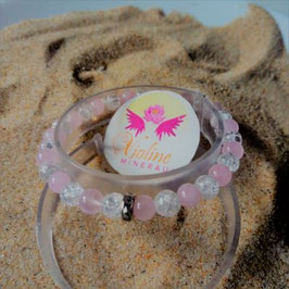 Bracelet perles quartz rose et blanc perles 6mm +  strass argenté