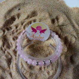 quartz rose + strass, bracelet perles 6mm