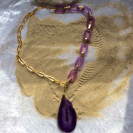 Agate naturelle teintée violet, collier sautoir, chaîne acier inoxydable et synthétique couleur 55cm