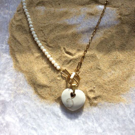 Nacre, coeur poli pendentif et collier perle nacre avec chaîne acier inoxydable