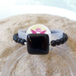Obsidienne noire, bracelet perles   + perle carré